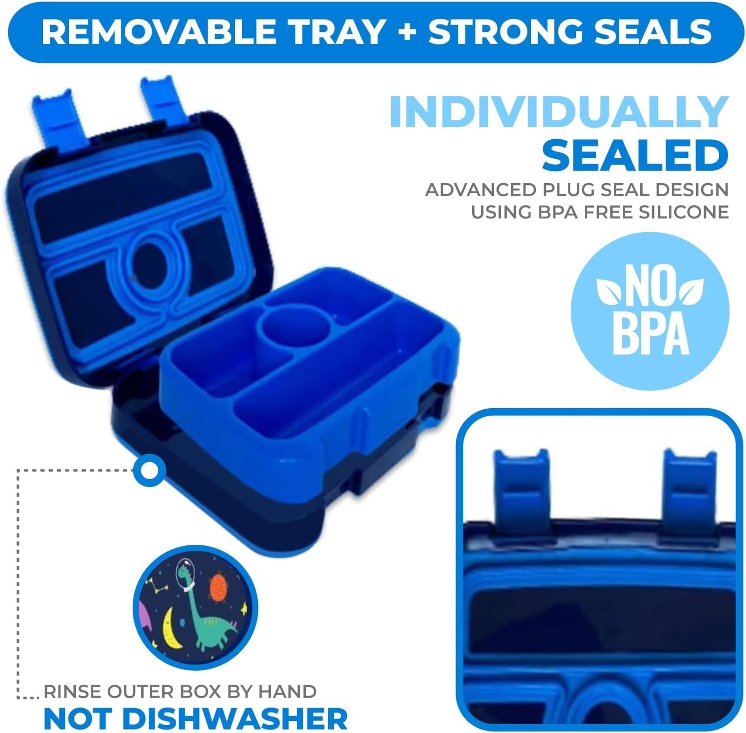 Kids Lunch Box - Bento Box for Boys Toddler Daycare, 4 Portion Sections with Lid, Snack Container Pre-School Kid Lunches Toddlers Removable Tray BPA Free, 3+ Years Old, Blue Rocket Dinosaur - Image 5