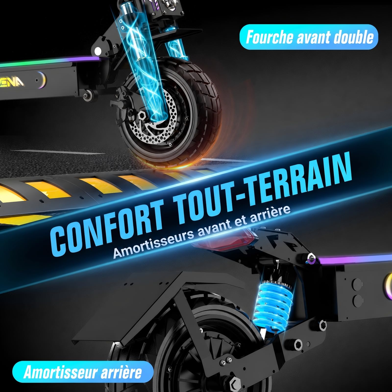 Trottinette Électrique Tout Terrain, Scooter Électrique Adulte, Double Moteur, Batterie 60V 27Ah, Autonomie 120 km, Pneus Tubeless 11 Pouces, Freins Hydrauliques, NFC, Charge Max 150 kg