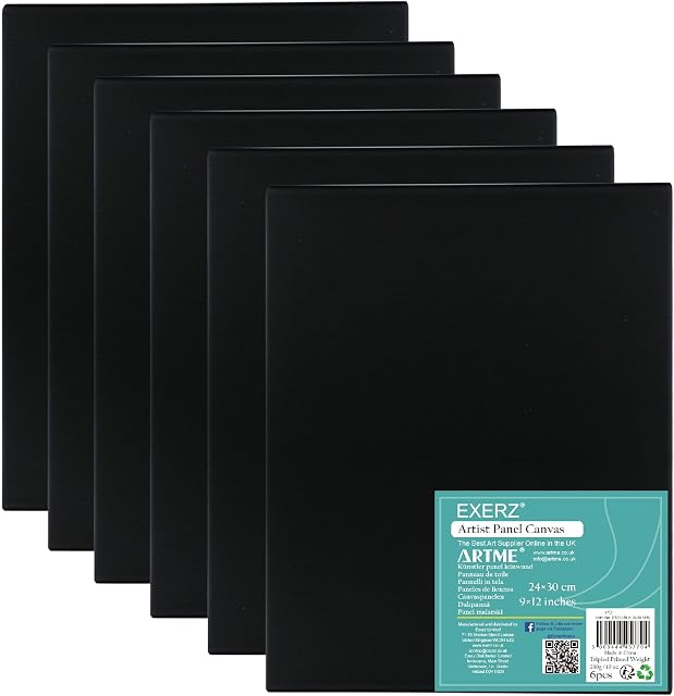 Exerz 24x30cm Black Canvas Panels 6pcs - 3mm 280gsm 100% Cotton/Blank Artist Canvas Board/Triple Primed/Acid Free/Medium Grain - Oil & Acrylic Painting for Artists at All Levels (24x30cm-6pk Black)