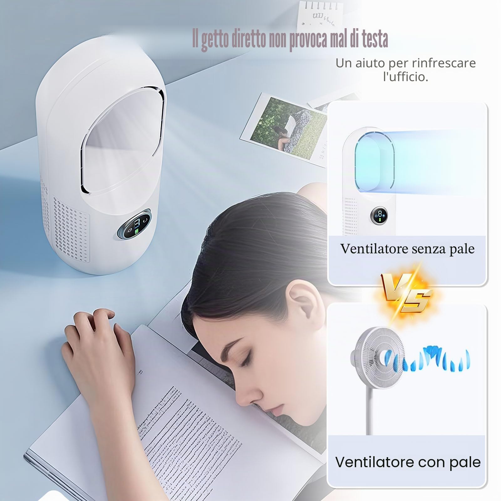 JOPWUE Ventilatore senza pale silenzioso senza fili,purificatore d'aria,ventilatore colonna,controllo tattile,3 velocità, oscillazione 80°,4000Mah,ricarica USB,per ufficio, soggiorno, camera da letto