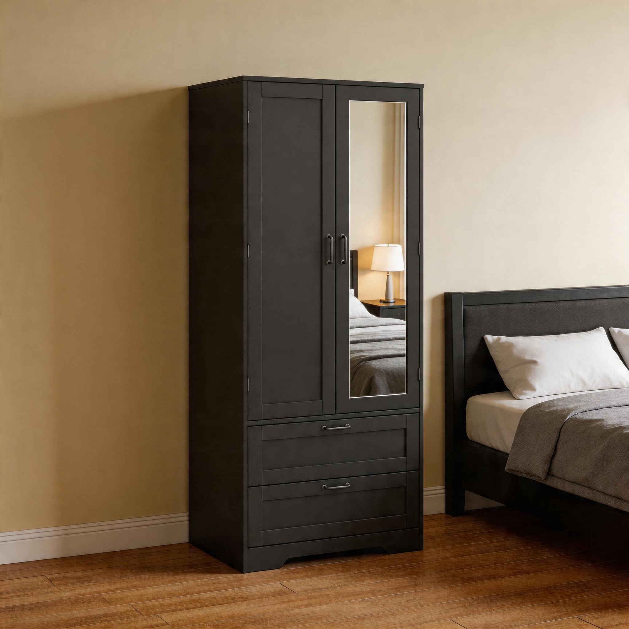 BOCVKENN 65.3" Modern Armoire Wardrobe Closet with Mirror, 2-Door Tall Wardrobe Closet with 2 Large Drawers Hanging Rod Anti-Tip Kit Freestanding Closets for Bedroom, Apartment (Black)