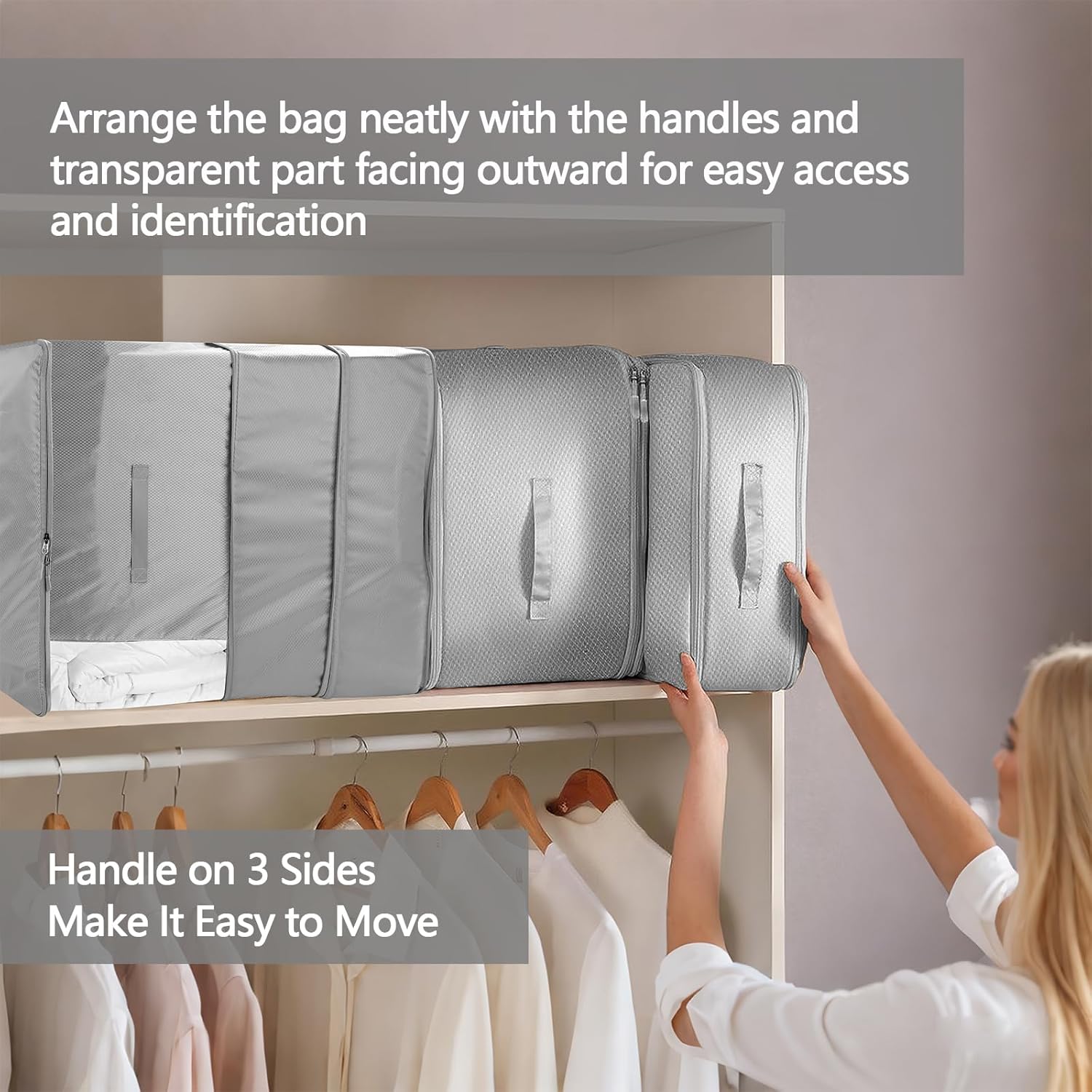 省スペースアップグレード掛け布団収納バッグ ハンドル付き 4個パック 3つのサイズ (142L、107L、71L) で調節可能 3層