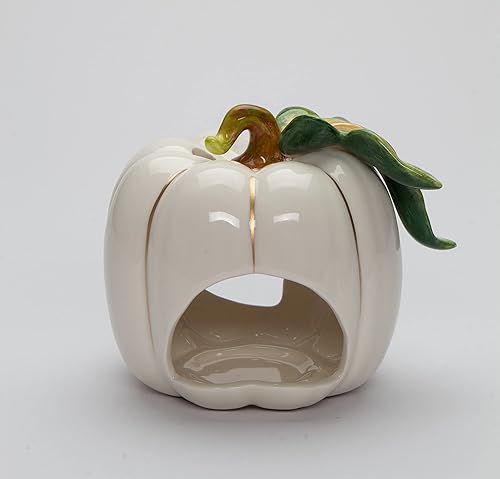 Miniatura 4 de 21073 Portavelas de cerámica fina de Halloween blanco con té de calabaza dorado, 5 pulgadas de largo