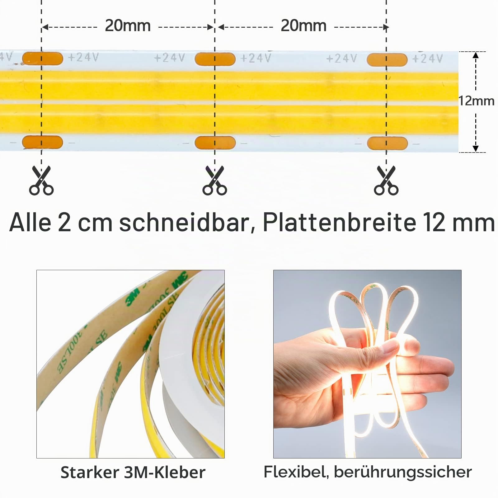 GOMING 24V 10M Doppelreihe COB LED Streifen Natürliches Weiß 4000K 20000lm | 600LEDs/M LED Band Selbstklebend CRI 93+ Nicht Wasserdicht IP20 LED Strip für Heim Deko(Netzteil nicht Enthalten)