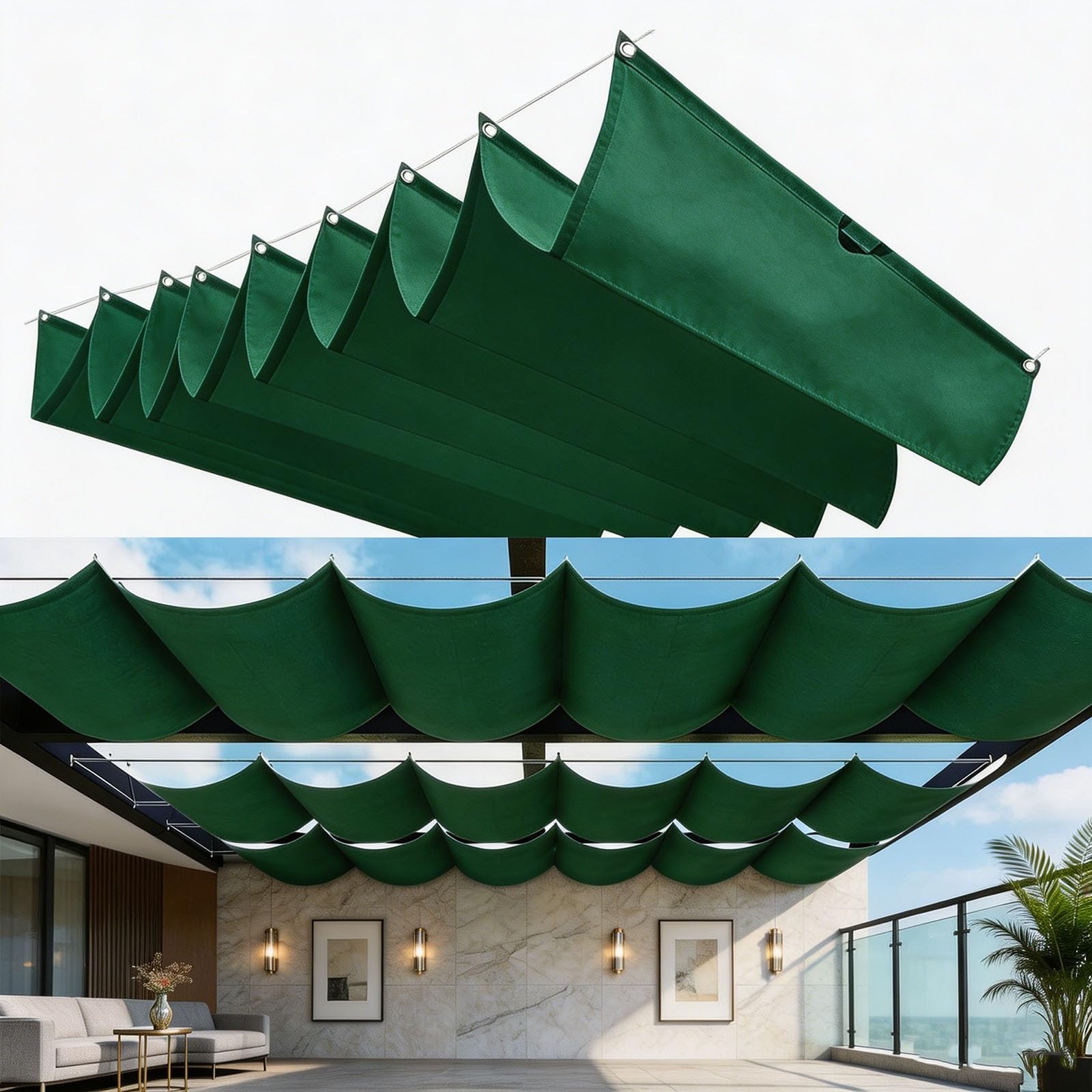Toldo Vela de Sombra Retráctil 100 x 950 cm Ajustable Protección Solar Impermeable Rectangular PES Cortaviento Toldo Retráctil Corredero para Terraza Jardín, Verde