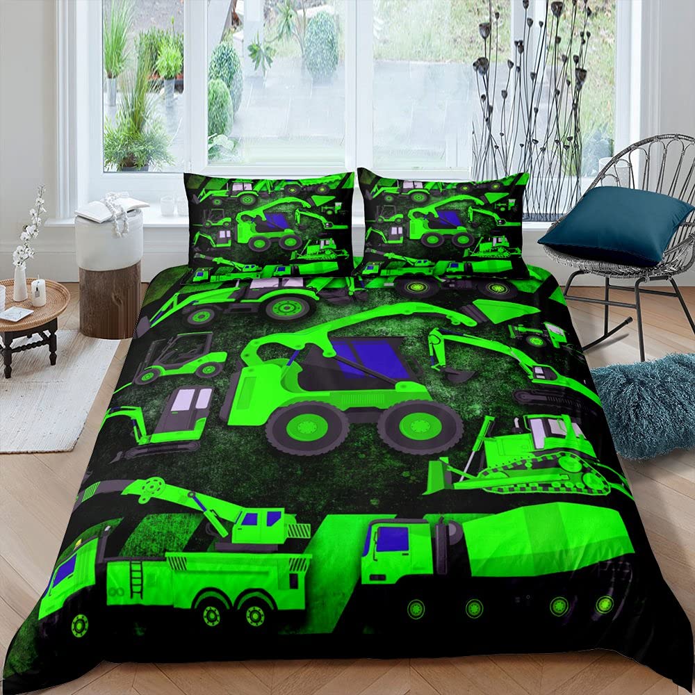 Zestaw pościeli z kreskówek, zielony buldożer, pojazdy budowlane, zestaw pościeli 200 x 200 cm, dla dzieci, chłopców, dziewczynek, nastolatków, 3 szt., zamek błyskawiczny z mikrofibry