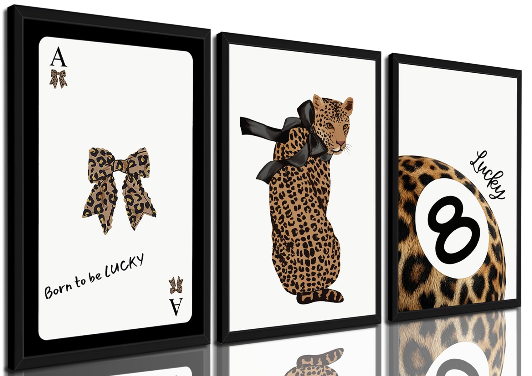 LMYSXAOZ 3Pcs Unframed Trendy Leopard Canvas Wall Art Cheetah Prints Lucky 8 Ball Pictures Decor Preppy Ace Card Bow Paintings Aesthetic Home for Living Room Bedroom Dorm 12x16inch