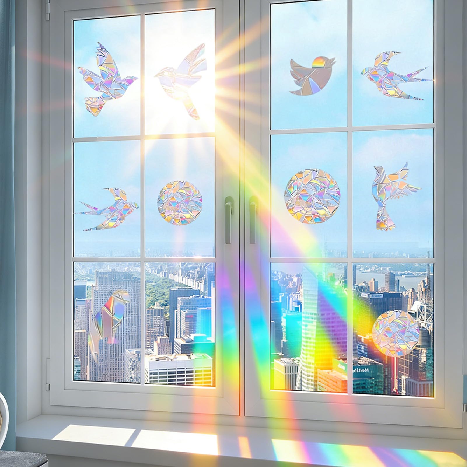 Lot de 48 autocollants de fenêtre Prisme, anti-collision avec style cercle de colibri, Suncatcher Arc-en-Ciel, style cercle de colibri translucides pour les coups d'oiseaux