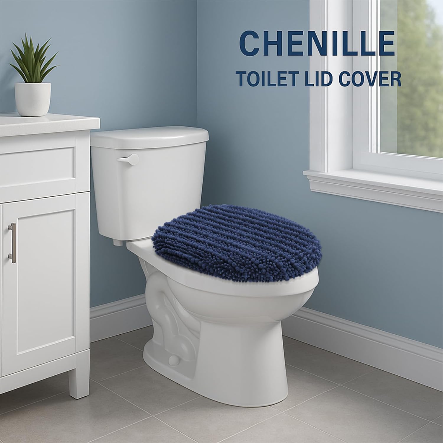 Arotive Soft Chenille Bathroom Toilet Lid Cover 17.5x15, Machine Washable Seat Covers, Stays in Place Non-Slip Backing, Fits Most Round, Elongated and Oblong Lids, Accessories Decor, Navy