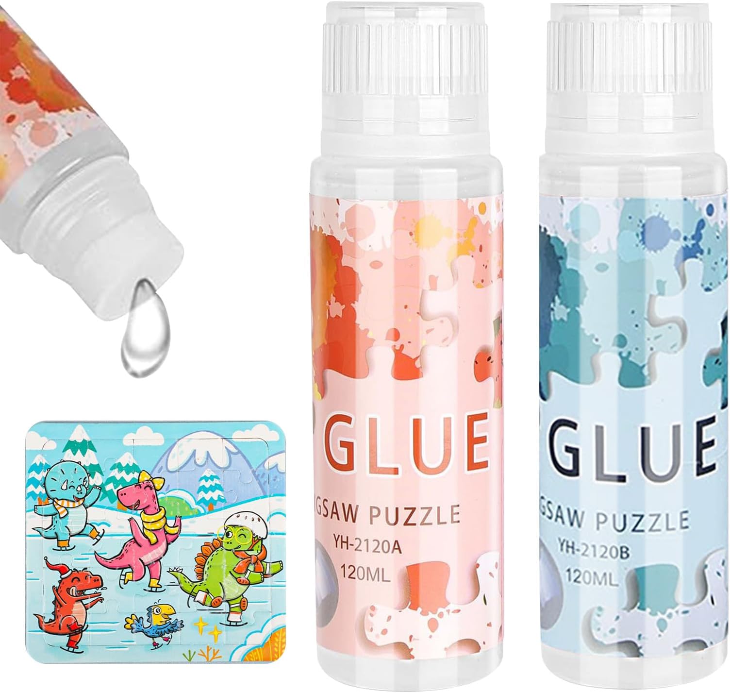 URbazaar 2 Pcs Jigsaw Puzzle Glue Clear,Updated Jigsaw Puzzle Glue with New Sponge Head,Non Toxic and Fast Drying, Easy to Use Adhesive for Protect Completed Puzzles,Long-Lasting Finish,120ml x 2