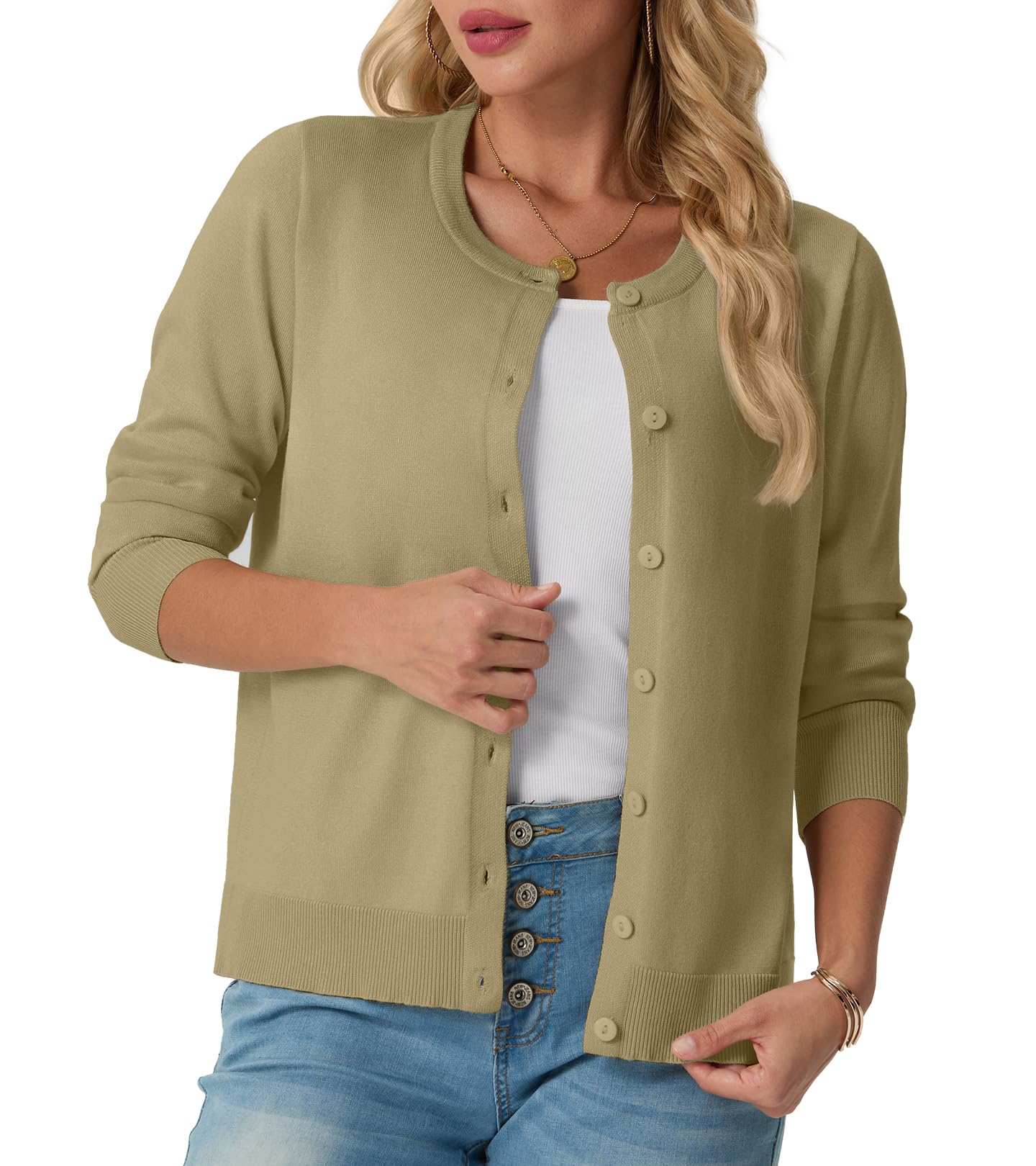 GRECERELLE Cárdigan suave de verano para mujer, bonito y ligero, cuello redondo, manga larga, suéter de punto sólido, suéteres casuales con botones para mujer, noches de verano y citas