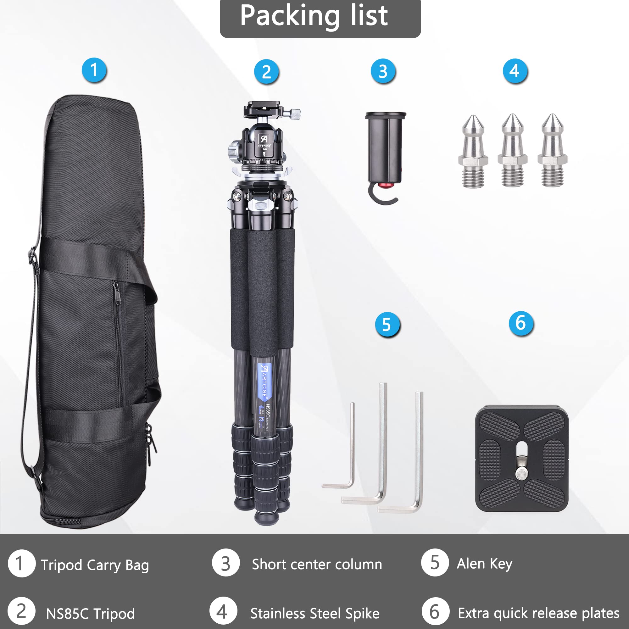 Ultralekki statyw z włókna węglowego, 172 cm / 1,6 kg ARTCISE lekki statyw podróżny z głośnikiem kulowym 36 mm i dwoma szybkimi płytami 1/4" do kamery DSLR, kamery wideo, maksymalne obciążenie 20 kg