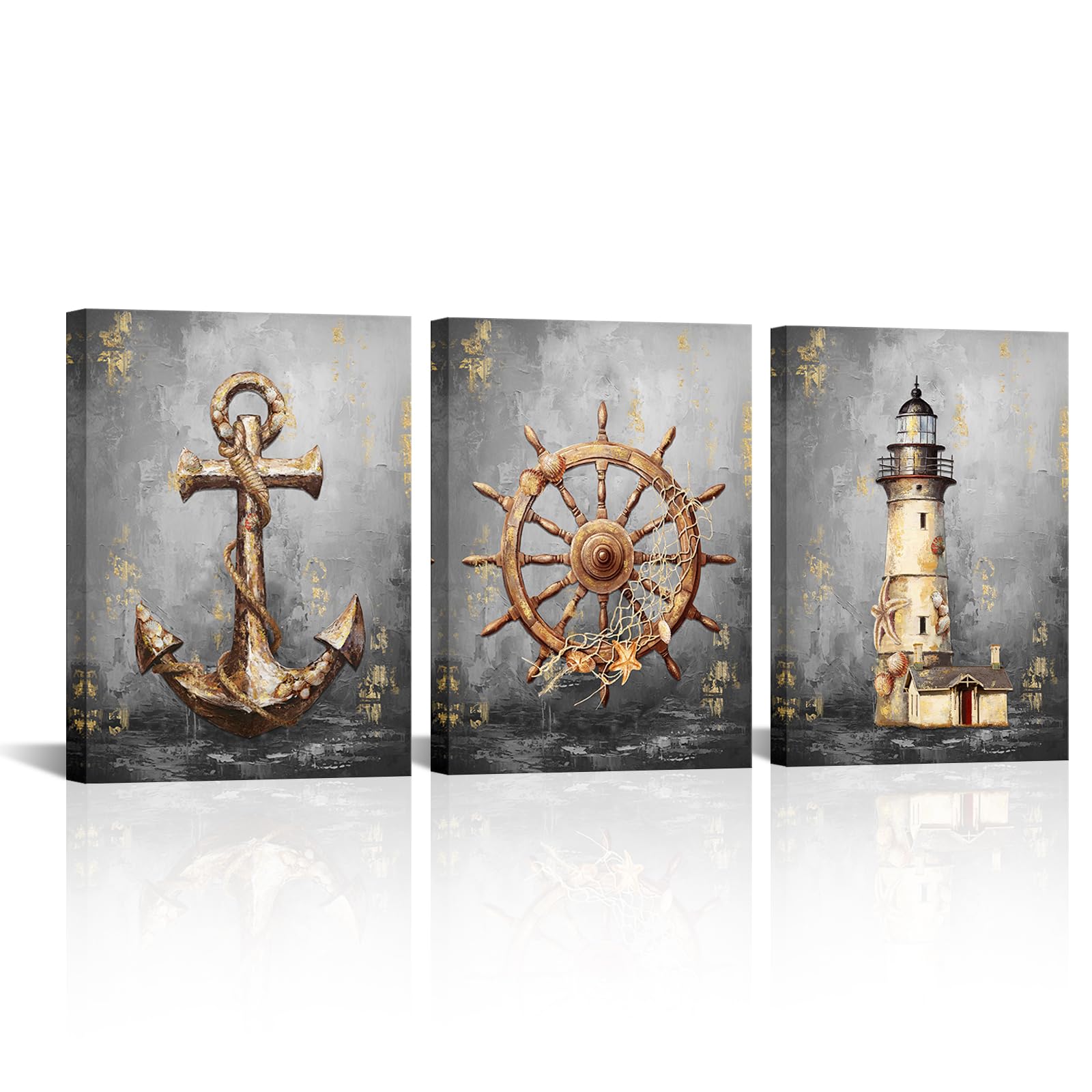 Canvbay Nautical Wall Art Decor Lighthouse Anchor Ship Wheel with Gold Foil Canvas Prints Grey Ocean Theme Painting Pictures Shell Poster Artwork for Home Bathroom Living Room 12x16inchx3pcs