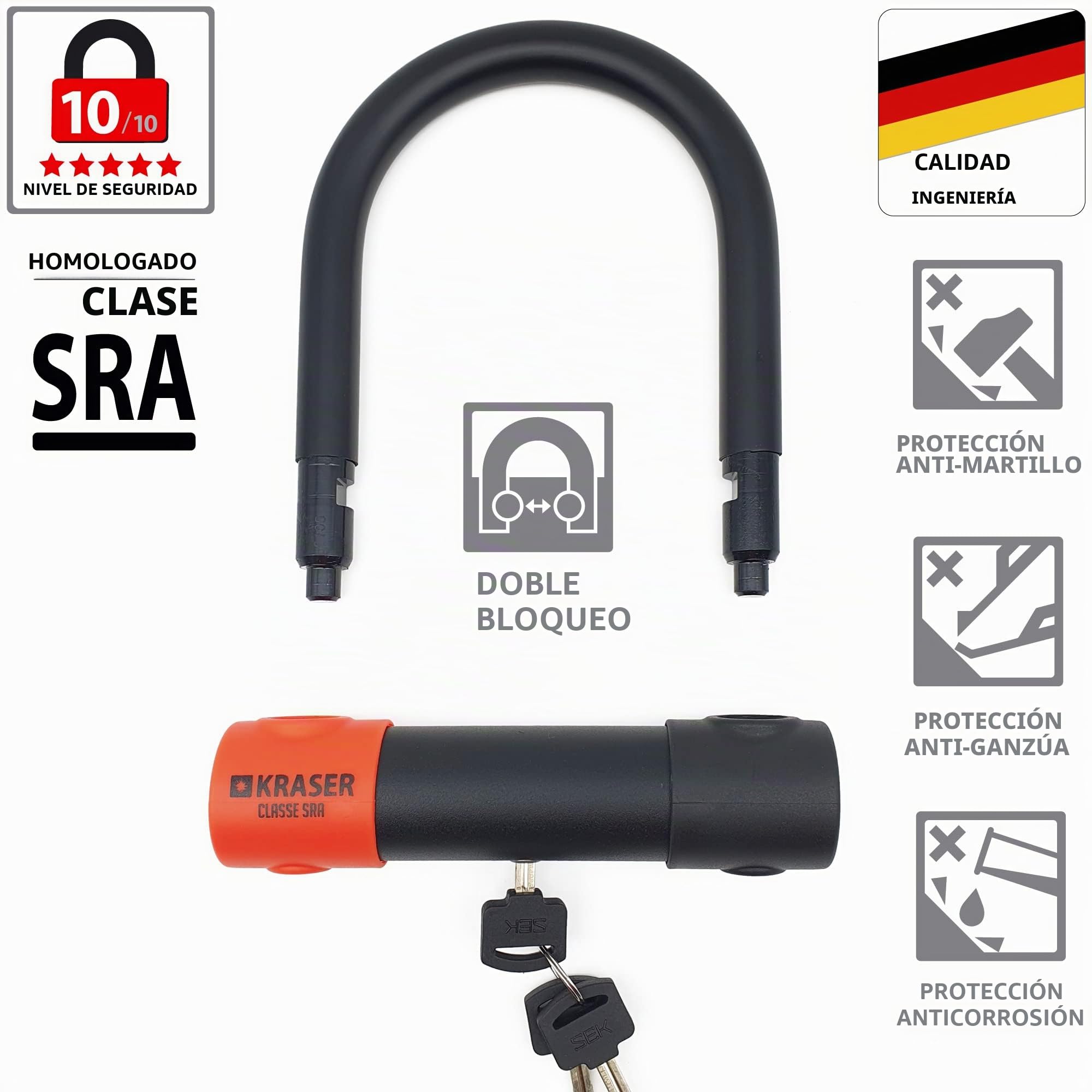 KRASER KR120S Robusto Candado Moto U Bloqueo Cepo Rueda, Homologado SRA, Alta Seguridad Testada, Arco 120x125mm ø18mm Doble Cierre, Cerradura Antiganzua, Antirrobo U Lock para Scooter, Bici Eléctrica