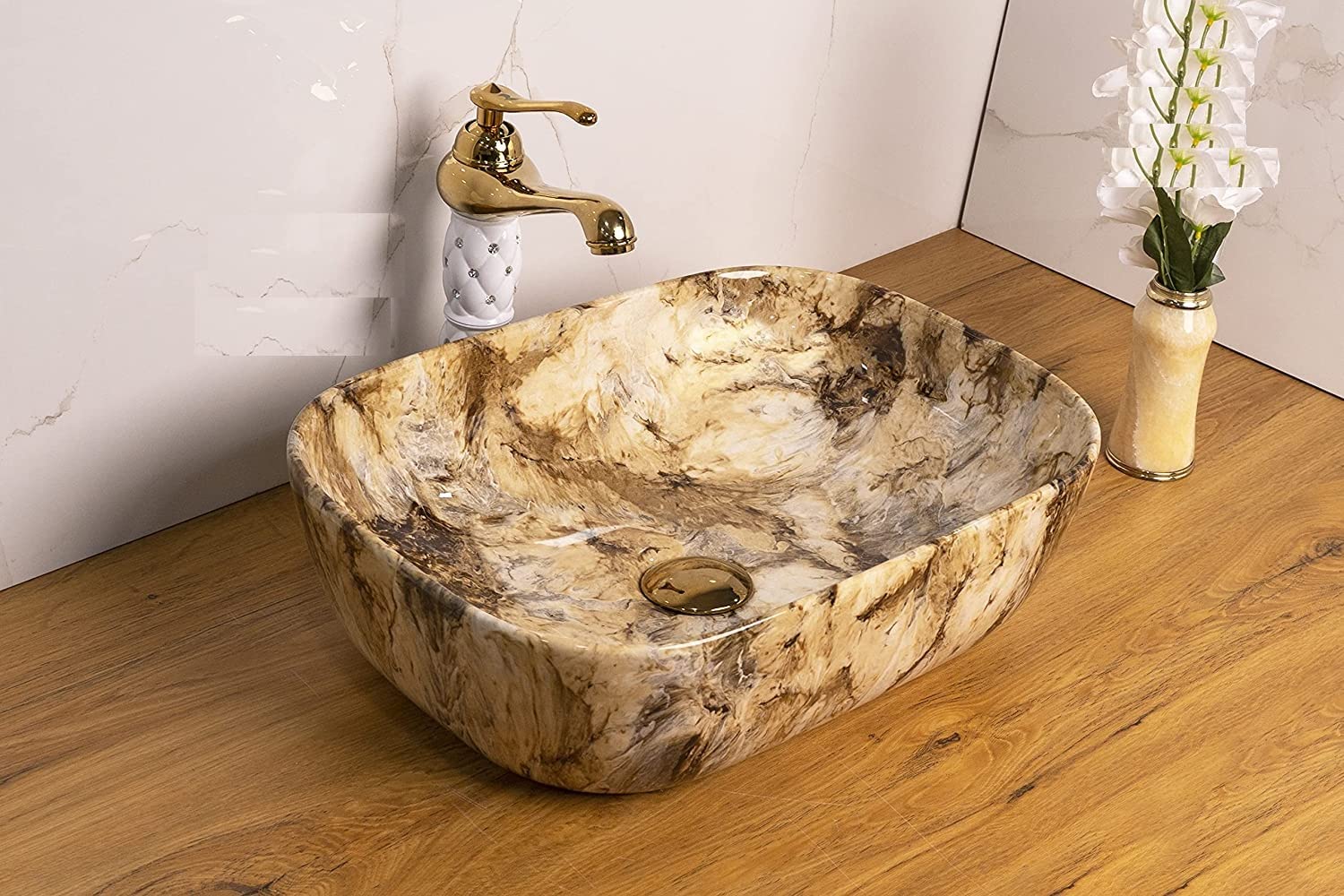 Zoyo Cera Art Wash Basin Countertop, Premium Designer Ceramic Wash Basin Vessel Sink with Slim Rim | Beautiful Wash Basin/Tabletop Ceramic Bathroom Sink/Basin (450 x 320 x 150mm) (Design 024) Brown (B0B3T1QNNC) Amazon Price History, Amazon Price Tracker