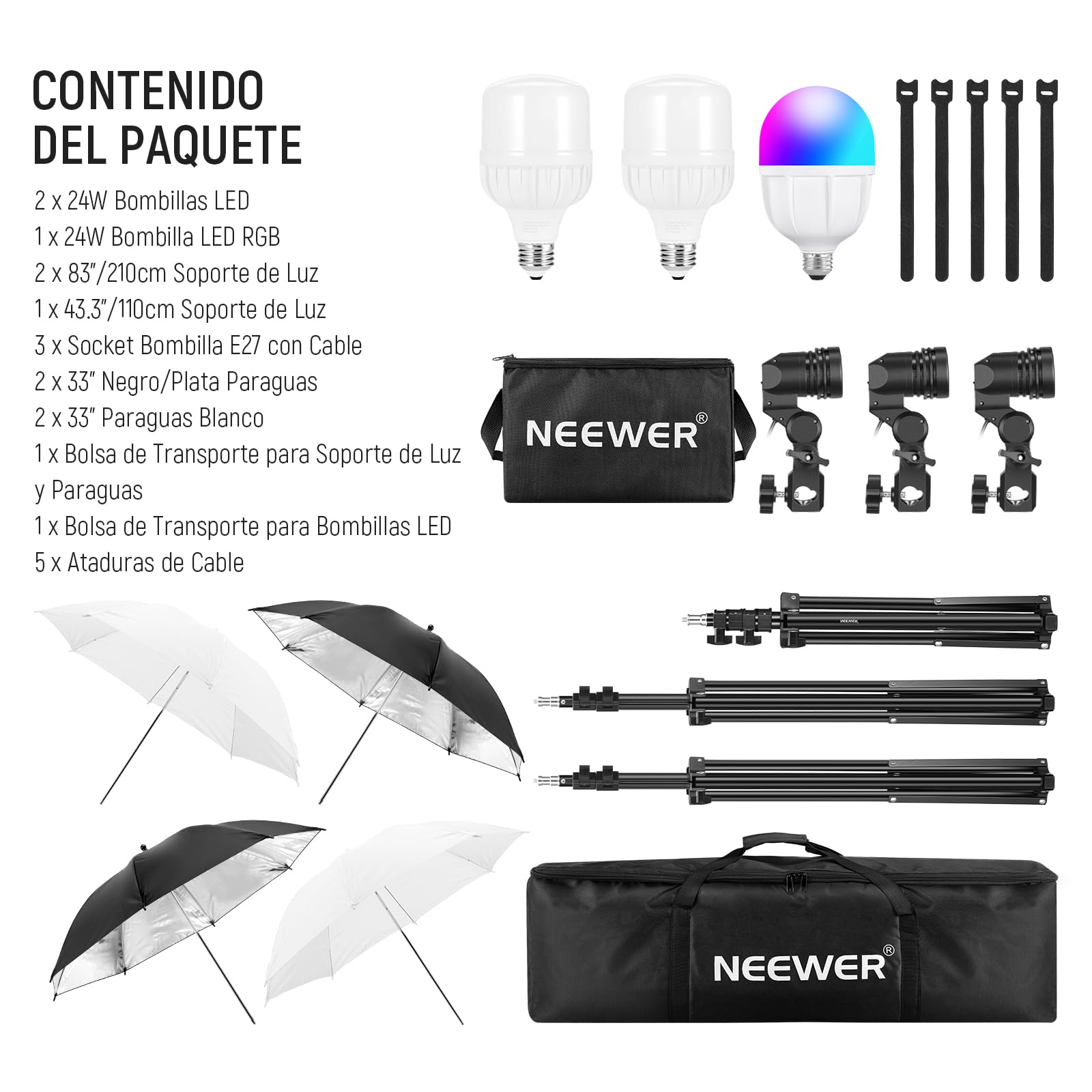 NEEWER Kit de Iluminación Foto Studio de 400W Equivalente Incandescente, 2x Paraguas Negro, 2x Paraguas Blanco, 2x Bombillas LED 24W, 1x Bombilla LED RGB 24W, para Iluminación Fotográfica,NK501