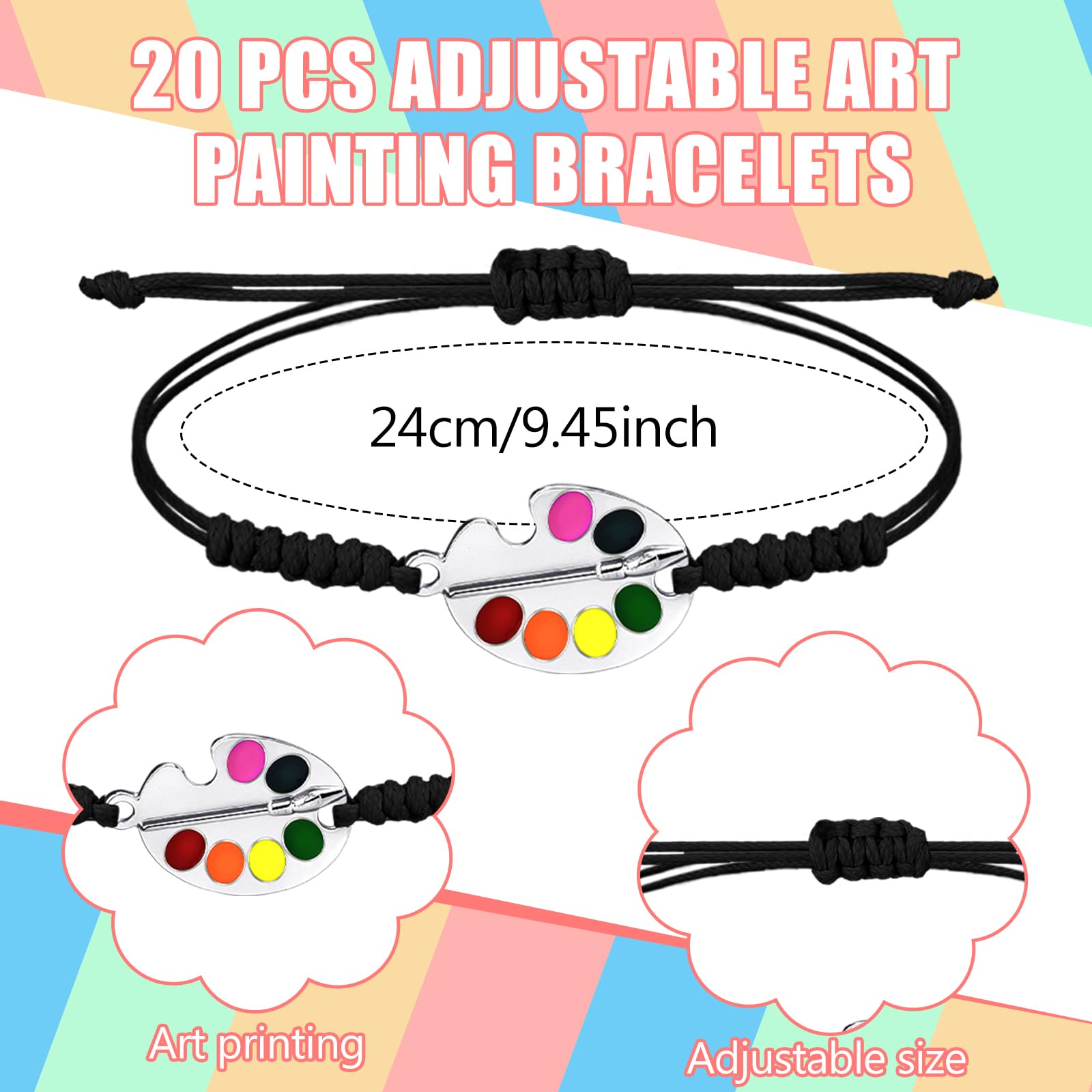 Landical 20 Pcs Art Painting Bracelets Artist Gifts Painter Artistic Bracelets with Paint Palette Charm Painter Jewelry for Art Paint Rainbow Graduation Birthday Party Favors, 10 Colors