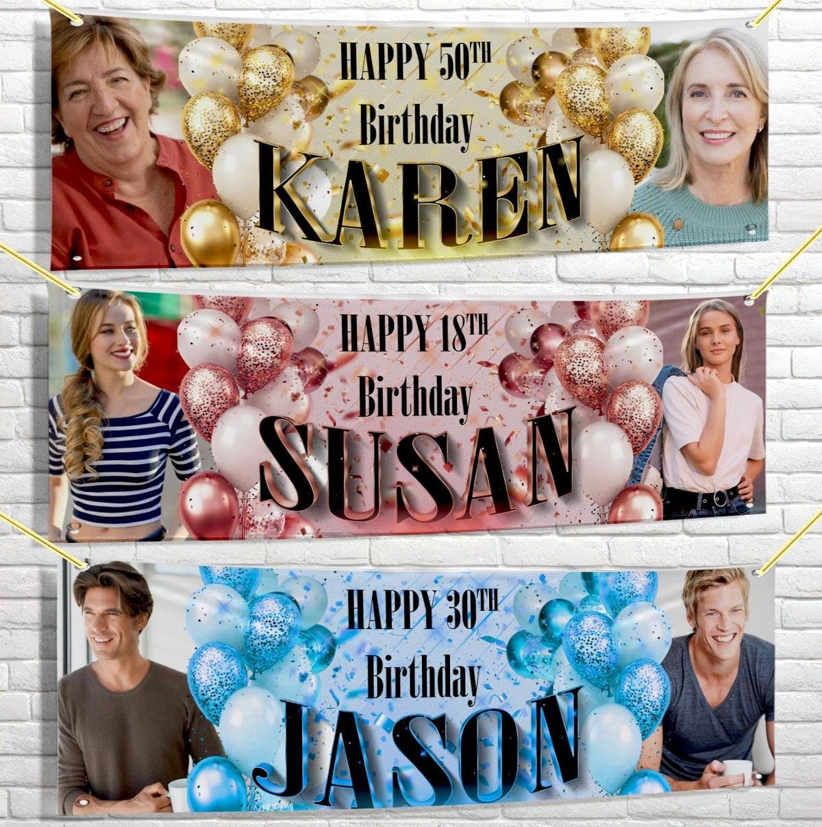 Personalised Birthday Banner 2ftx6ft Fabric Photo Children Man Woman boy girl Party Blue Pink gold Poster Decoration Celebration Retirement Congratulation-18th 30th 40th 50th 60th