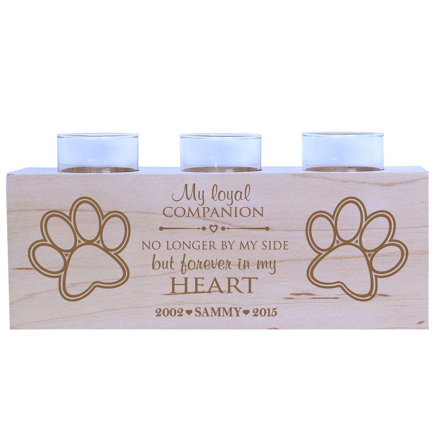 LifeSong Milestones Personalized Loyal Companion Pet Memorial Sympathy Funeral Candle Holder for Dog, cat, Pets Custom Bereavement Maple Wood Candle Holder Loss of pet 10
