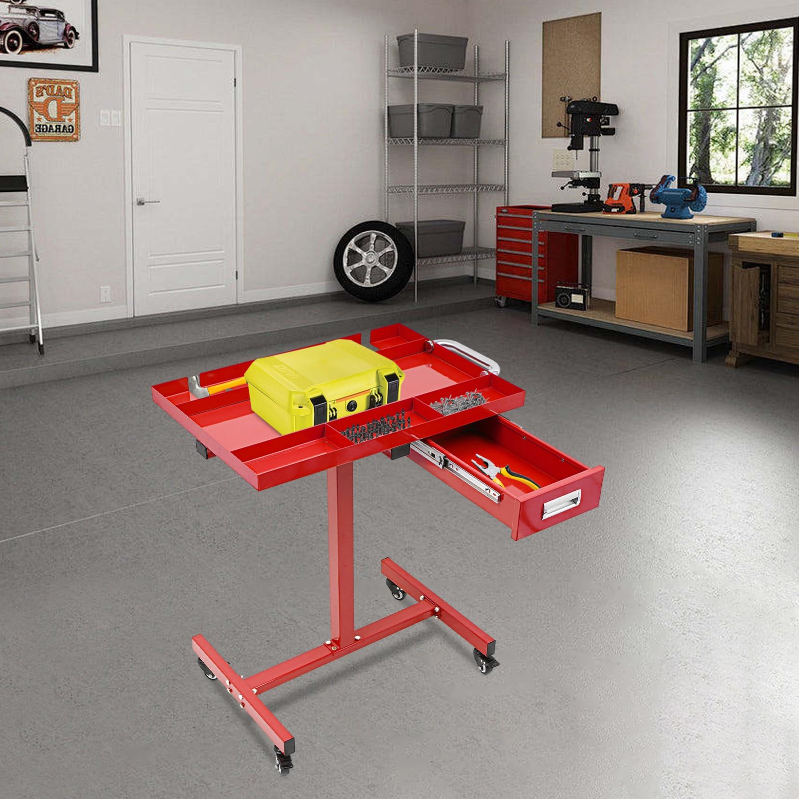 Chariot à outils sur roulettes avec tiroir | Table de travail mobile pour garage et atelier | Construction en acier, 4 roulettes de frein, capacité de charge de 100 kg et plateau de rangement (rouge)