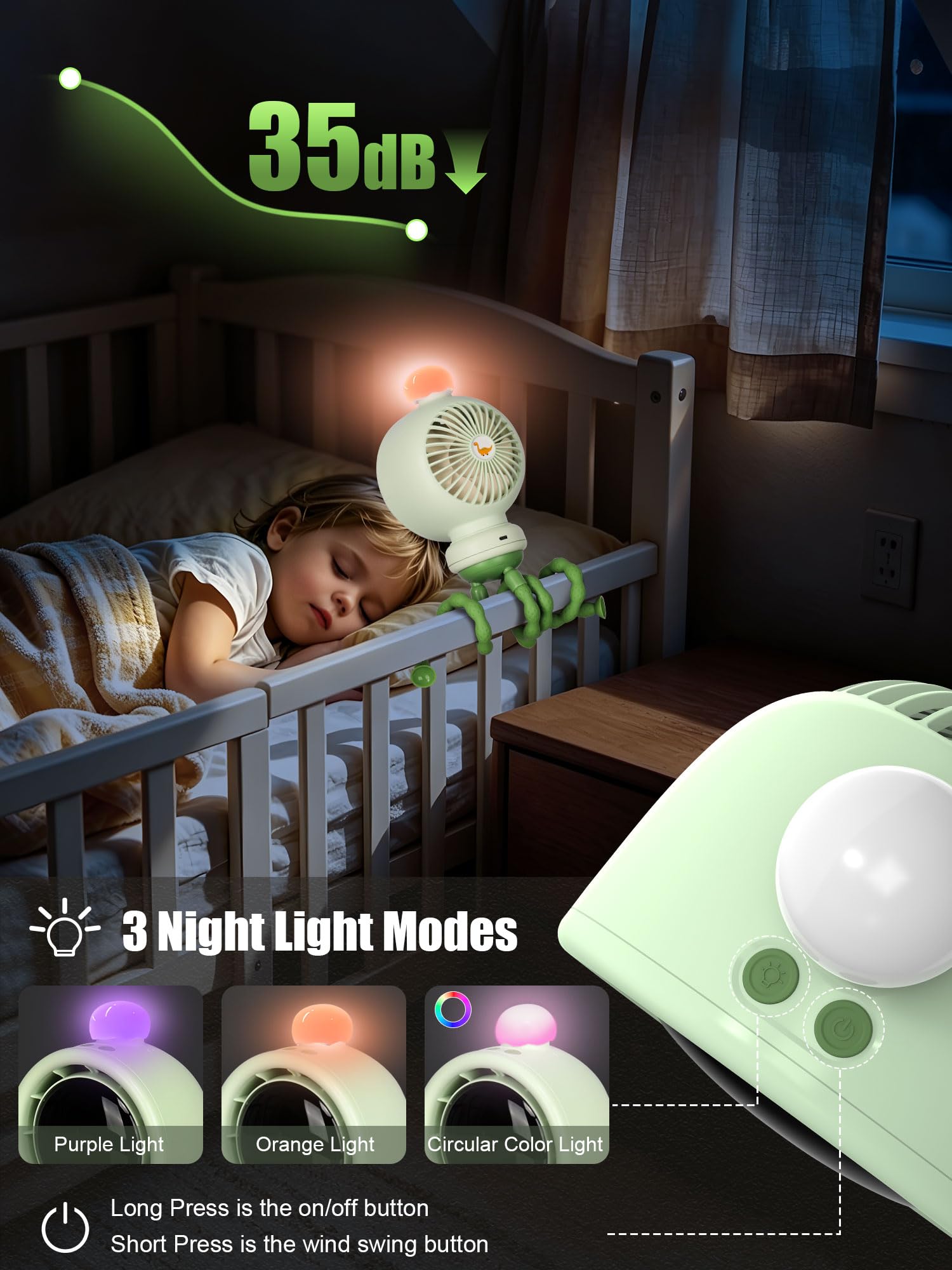 Mini ventilatore portatile per passeggino, oscillazione automatica, velocità continua, display, luce notturna a LED con clip sui ventilatori, accessori per passeggini alimentati a batteria, verde