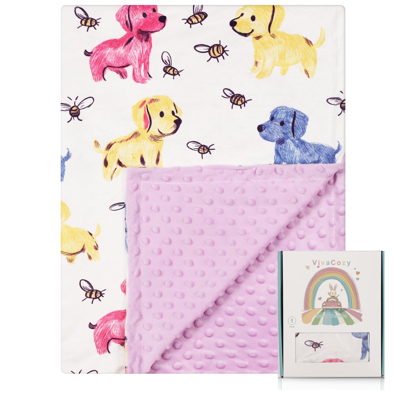 Manta de bebé unisex Minky con respaldo de puntos, doble capa, 76 x 101 cm, manta para bebé, manta para cuna, manta para envolver con estampado de perro