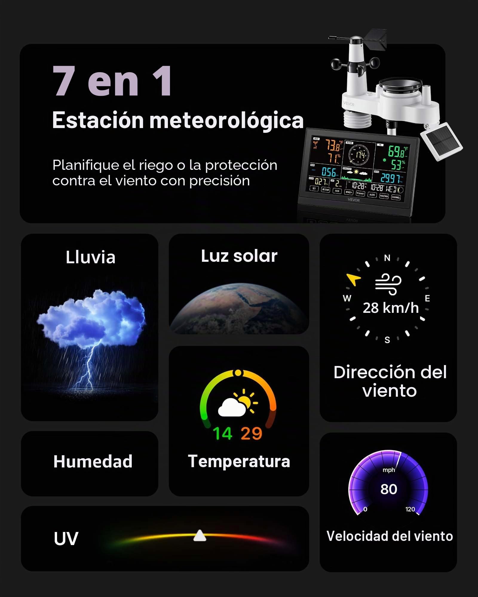 VEVOR Estación Meteorológica Wifi 7 en 1, con App, Pantalla VA de 190,5 mm, Sensor Solar Inalámbrico, Pluviómetro, Pronóstico del Tiempo, Velocidad del Viento, Temperatura, Humedad y Precipitación