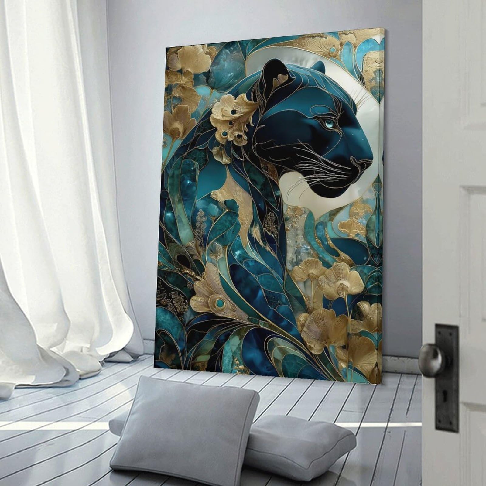 Junmoney Wall Art Print Elegant Teal And Gold Panther Art, 16x24inch(40x60cm), for Home Lounge, Bedroom Or Reading Nook, Canvas Styling for A Polished Room Look