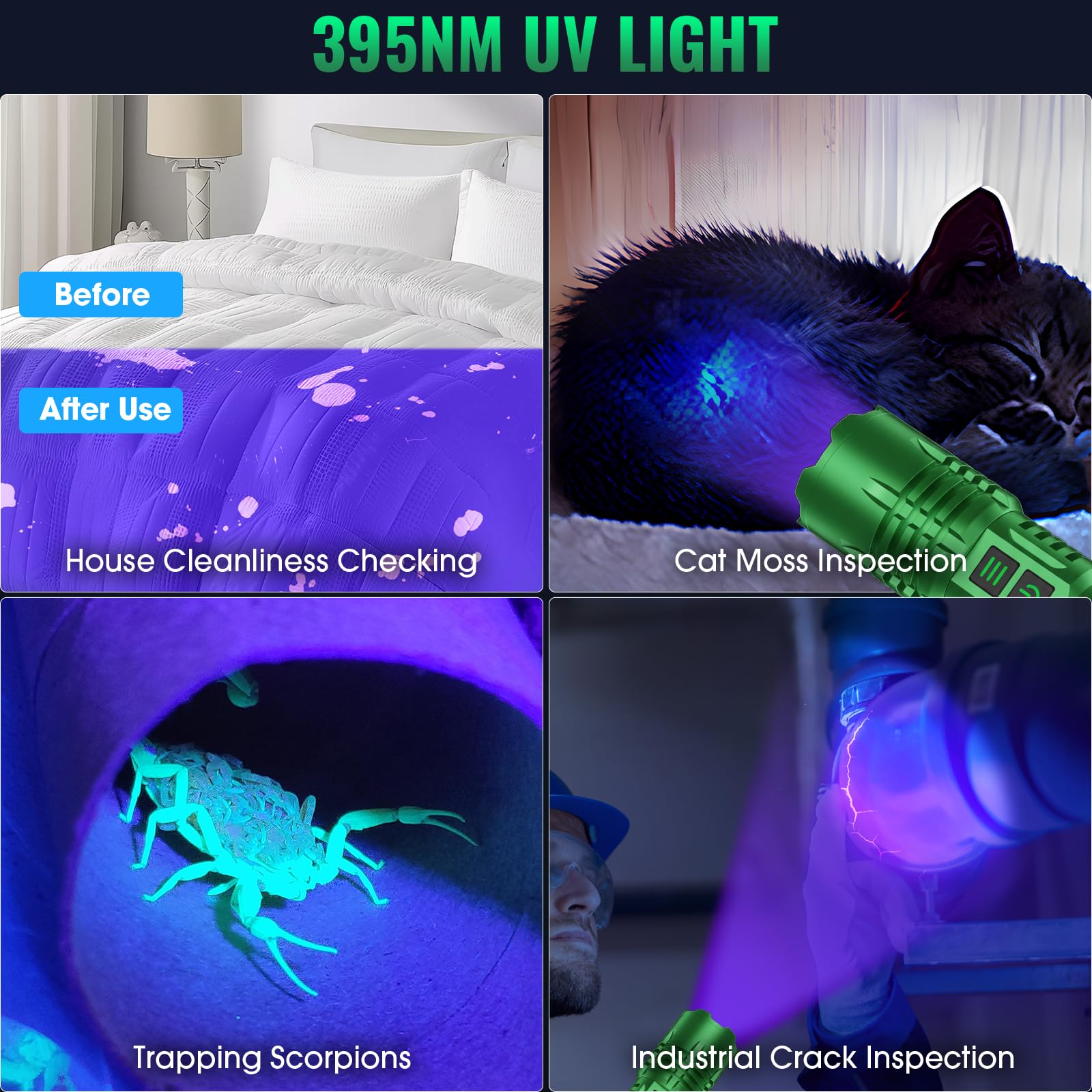 AdamStar Linterna recargable UV y de alta luminosidad, 2 en 1, potente linterna LED de luz negra, táctica, 6 modos, superbrillante, impermeable, con zoom, detector para curado de orina de mascotas