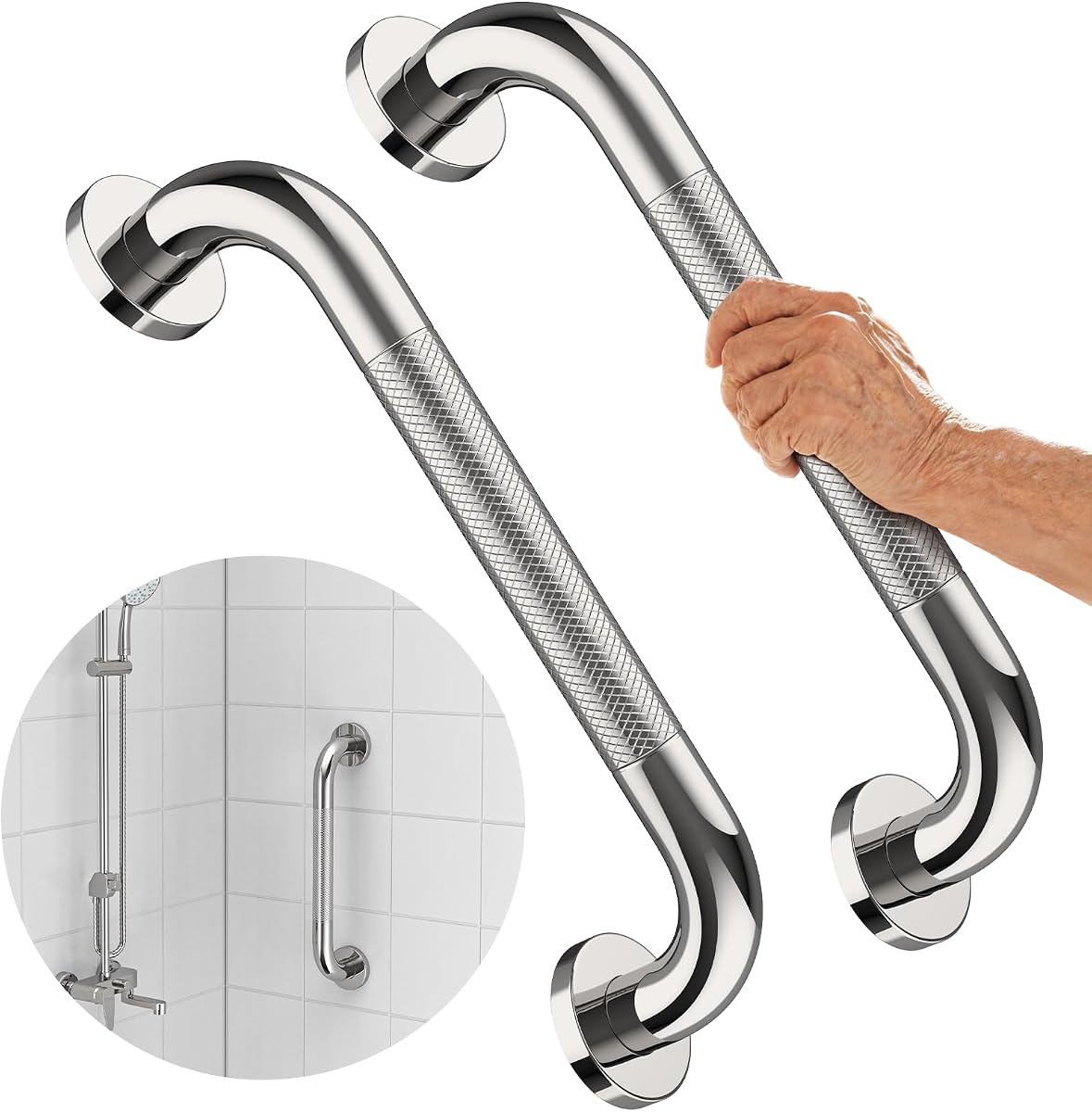 12 Inch Chrome Grab Bar, 2 Pack Knurled Grab Bars for Bathroom | Anti-Slip Grip, Stainless Steel, Bath Handle for Senior Elderly, Shower Assist Bar, Wall Mounted Handicap Support Bars