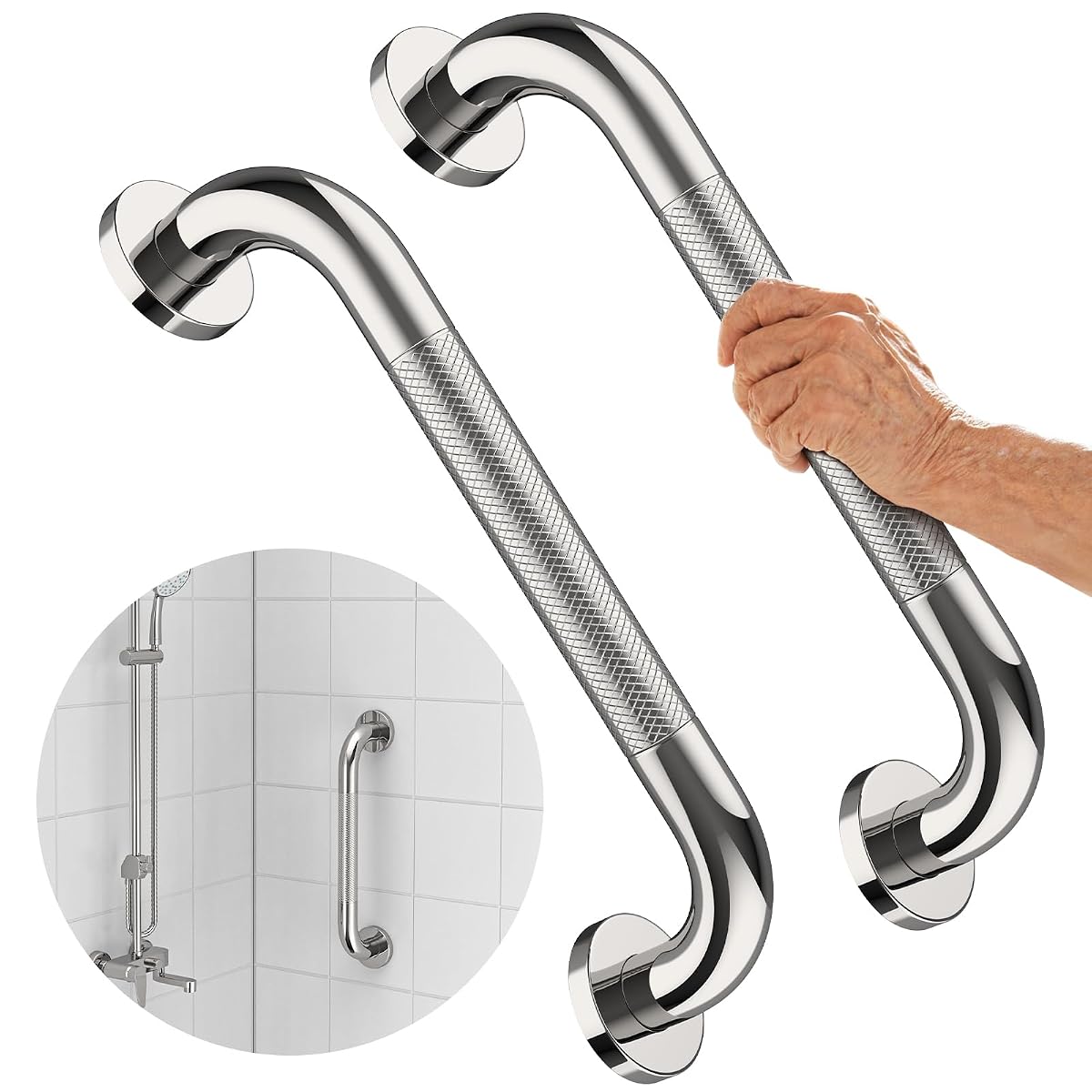 2 Pack 12 Inch Shower Grab Bar with Anti-Slip Grip, iMomwee Chrome Stainless