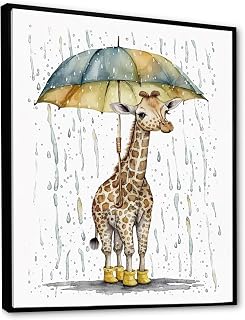 DesignQ Giraffe Animal Wall art, Tall-Neck s Drizzly Day, Giraffe Large Black Framed Wall art decor, White Modern & Contemporary Canvas wall art, 12x20 inches