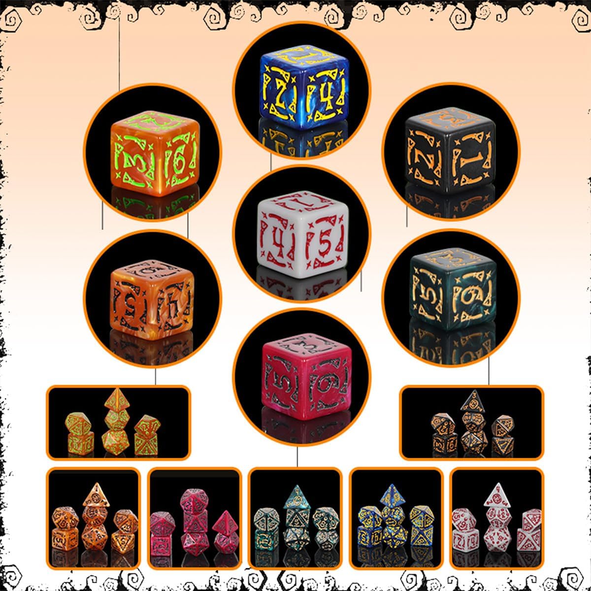 Arcane Fantasy 49PCS Polyhedral RPG Dice with 7 Drawstring Bags, Magic Rune Designs with Pumpkin, Skull & Wizard Icons, for Dungeons & Dragons, Pathfinder & Tabletop Games