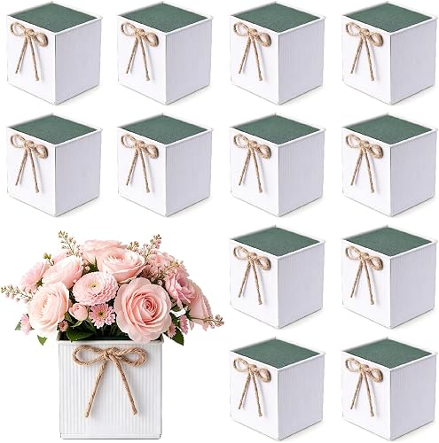 12 Pack Galvanized Square Vases for Centerpieces Flower Bar Supplies White | Floral Arrangement Kit with Floral Foam and Twine Bow, Table Centerpieces for Party Event,Home Decor,Flower Buckets