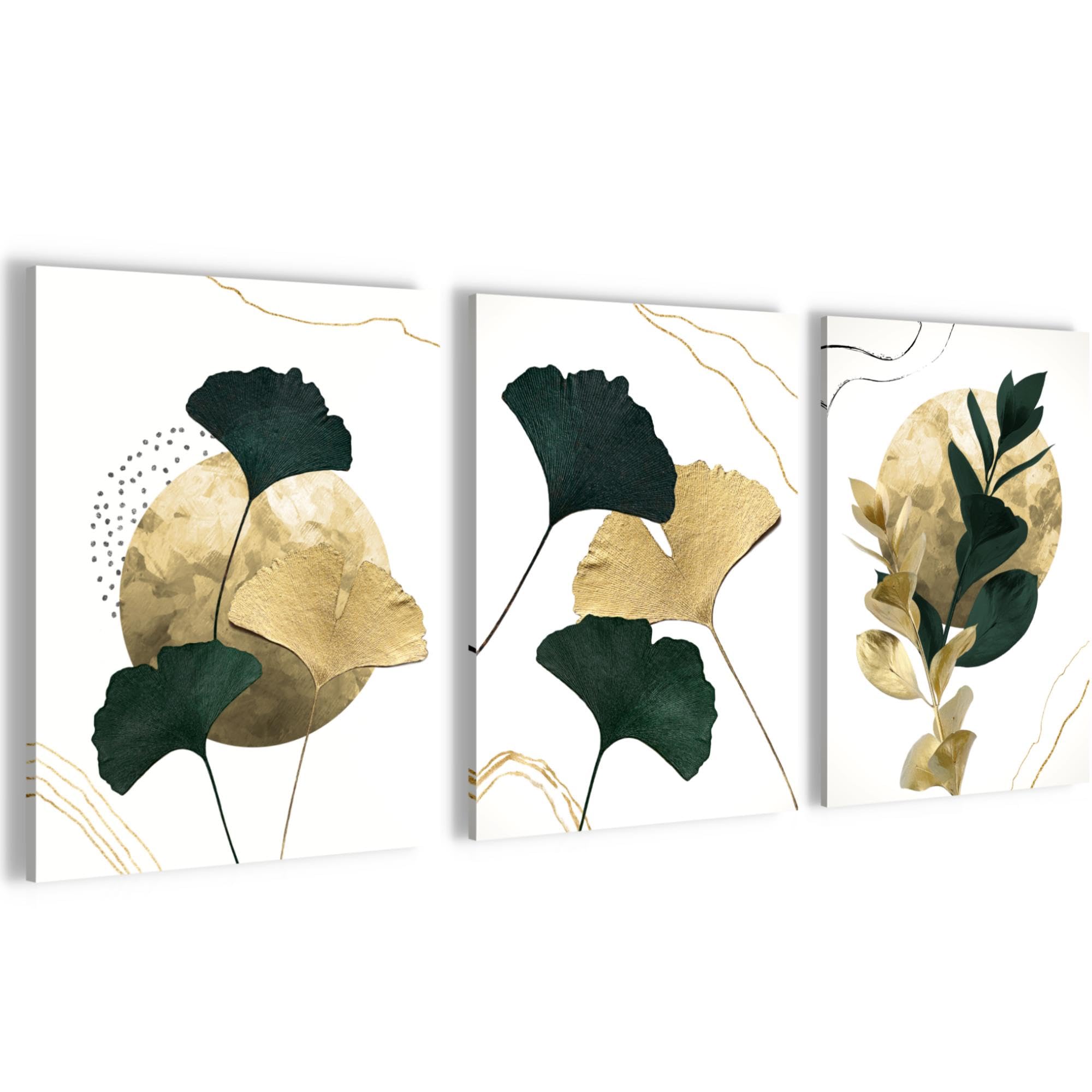 Novart Wandbilder Set Goldene Blätter - KOMPLETT AUFHÄNGFERTIG - Wohnzimmer Schlafzimmer Flur Deko - 3 Moderne Bilder Gelb Frün - N033135b