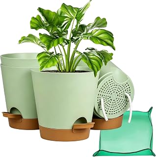 4 Pack Selbstbewässernde Blumentöpfe Grün,15.3cm, Pflanzentöpfe mit Bewässerungssystem, Übertopf mit Untersetzer, Pflanzenbehälter für Innen, Balkon und Hausgarten