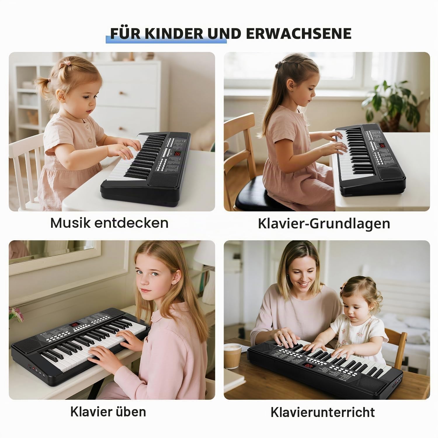 37-Tasten Keyboard Klavier für Kinder Anfänger – 1200 mAh Wiederaufladbarer Akku, Électronique Musikinstrument mit Mikrofon Geburtstag Weihnachten Geschenk, Schwarz