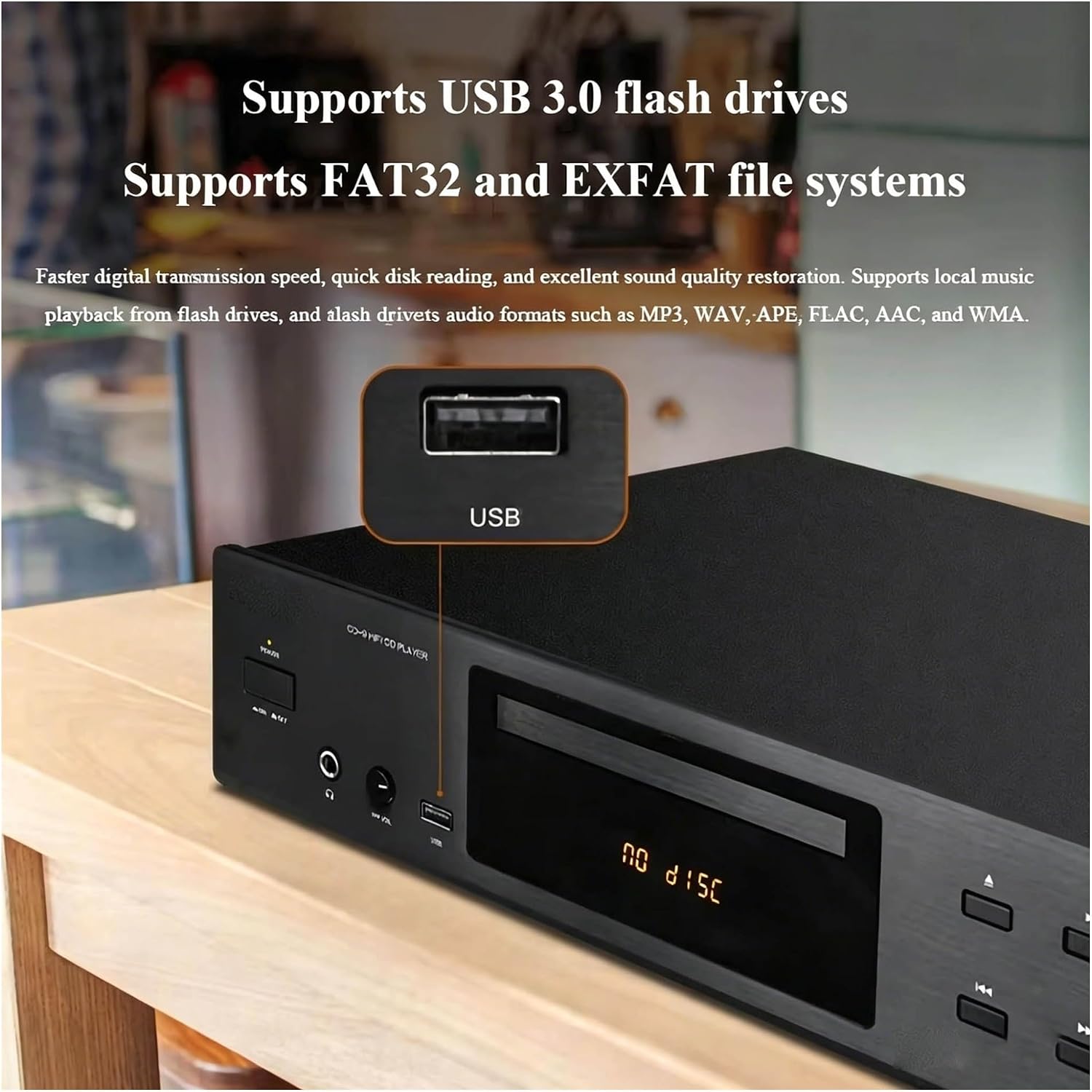 Audiephila CD Transport Player, Remote Control,Bluetooth 5.3 with 24bit/96kHz PCM Decoding, USB 3.0 High-Speed Playback (FLAC/APE/WAV/MP3/WMA), SPHE8204W Core Chip, THD≤0.0008%