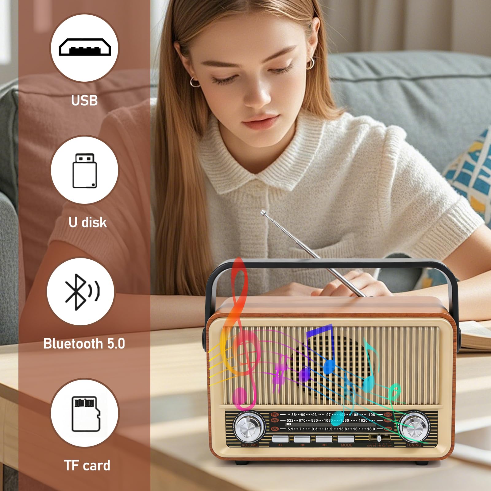 Retro Radio mit Bluetooth, Kofferradio Batteriebetrieben oder mit Stromkabel, Nostalgie Küchenradio mit 1000mAh Akku, USB/TF/AUX Unterstützung, Tragbares Radio Retro für Zuhause und Senioren