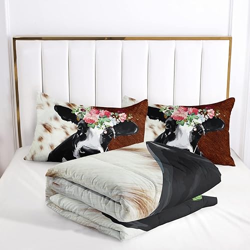 Miniatura 5 de AILONEN Juego de edredón de ganado lechero para niños, niñas, niños, adolescentes, tamaño Queen, pintura al óleo 3D y flores sobre cabeza de vaca