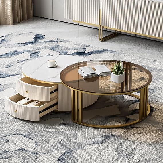 homary Round Nesting Coffee Table, Glossy Ivory, 28-32 Rotating