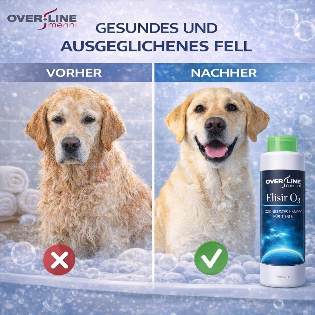 OVER LINE MERINI | Hundeshampoo mit Ozon 1 Liter – Milde Reinigung für empfindliche Haut – Unterstützt bei Juckreiz und Hautirritationen – Für die regelmäßige Anwendung geeignet