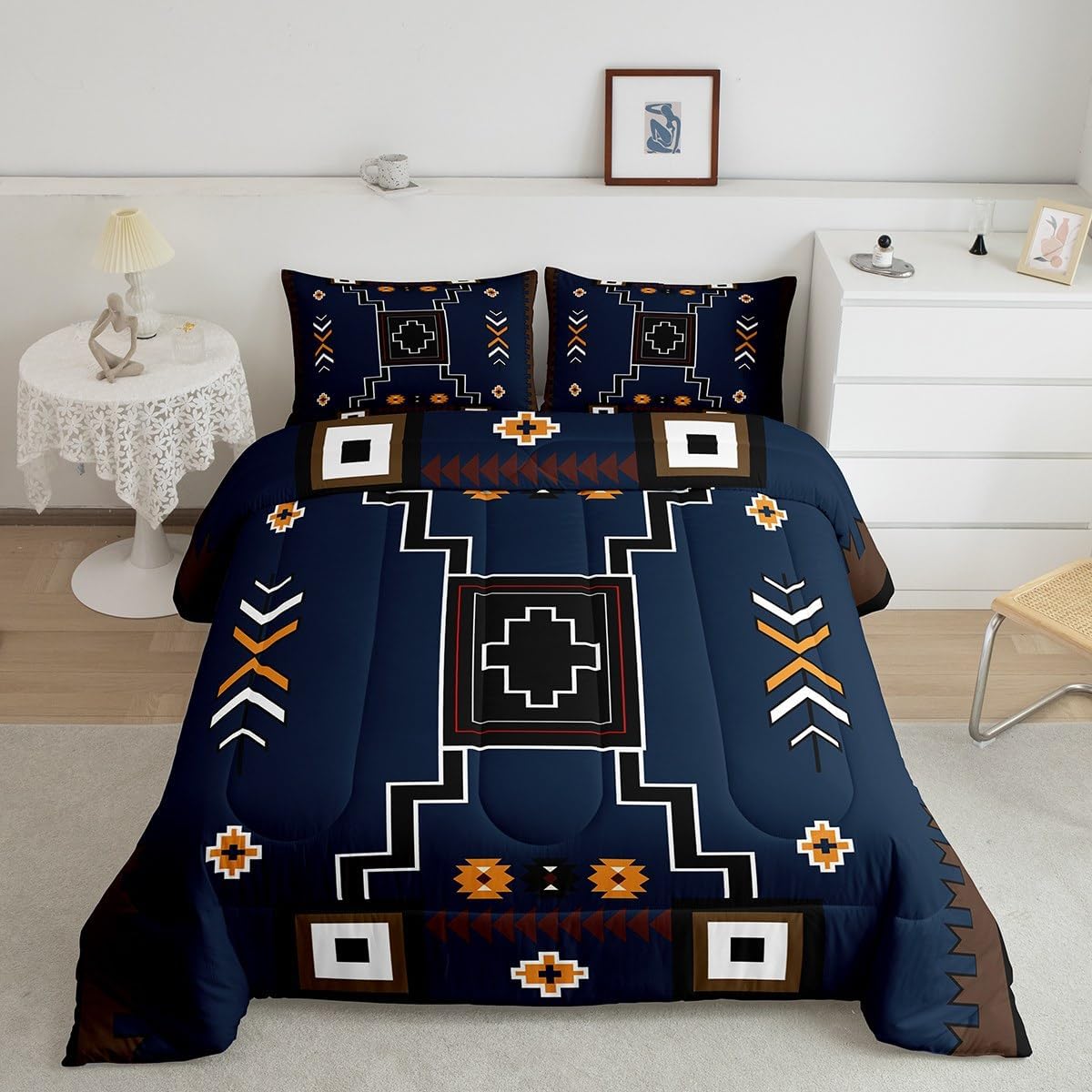 Erosebridal Southwest Comforter Set Twin Size Bedding for Young Boho Tribal Squares Bedroom Decor Modern Geometric Duvet Insert Navy Blue Ethnic Arrows Bedroom Decor Lightweight Quilt
