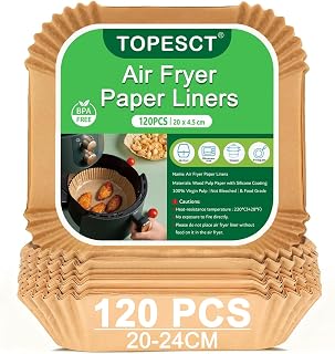 TopEsct Airfryer Backpapier, 20x20 cm Heißluftfritteuse Zubehör für 4,5-8L Körben - BPA-freier - Kompatibel mit COSORI Philips Cecotec XL XXL Airfryer, 120er-Pack