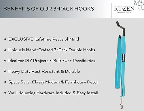 Miniatura 2 de RTZEN Juego de ganchos de montaje en pared, ganchos decorativos de metal rústico de hierro forjado para colgar, ganchos negros clásicos hechos a