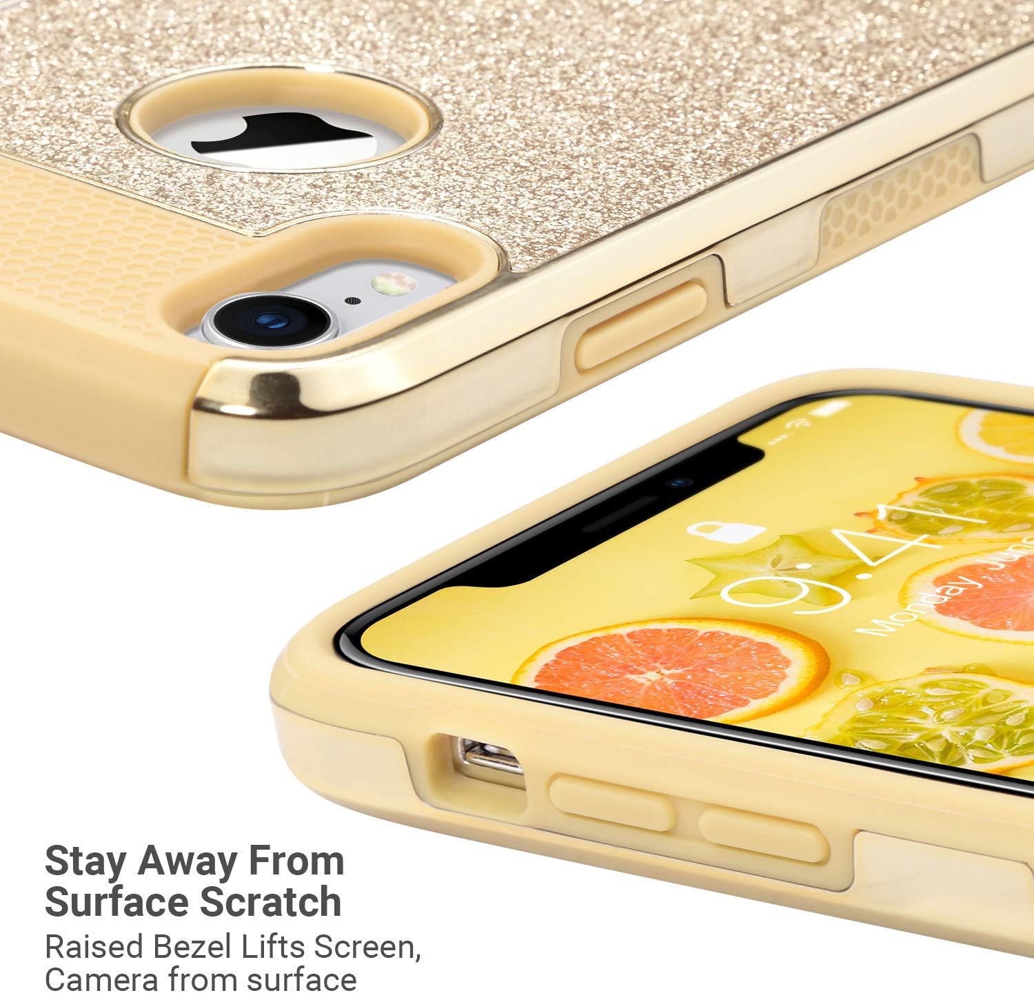 ULAK iPhone XR Case, Luxury Glitter 2 in 1 Dual Layer Slim Fit Soft TPU Hard Laminated with Sparkly Shiny Faux Leather Chrome Shockproof Protective Cover, Gold