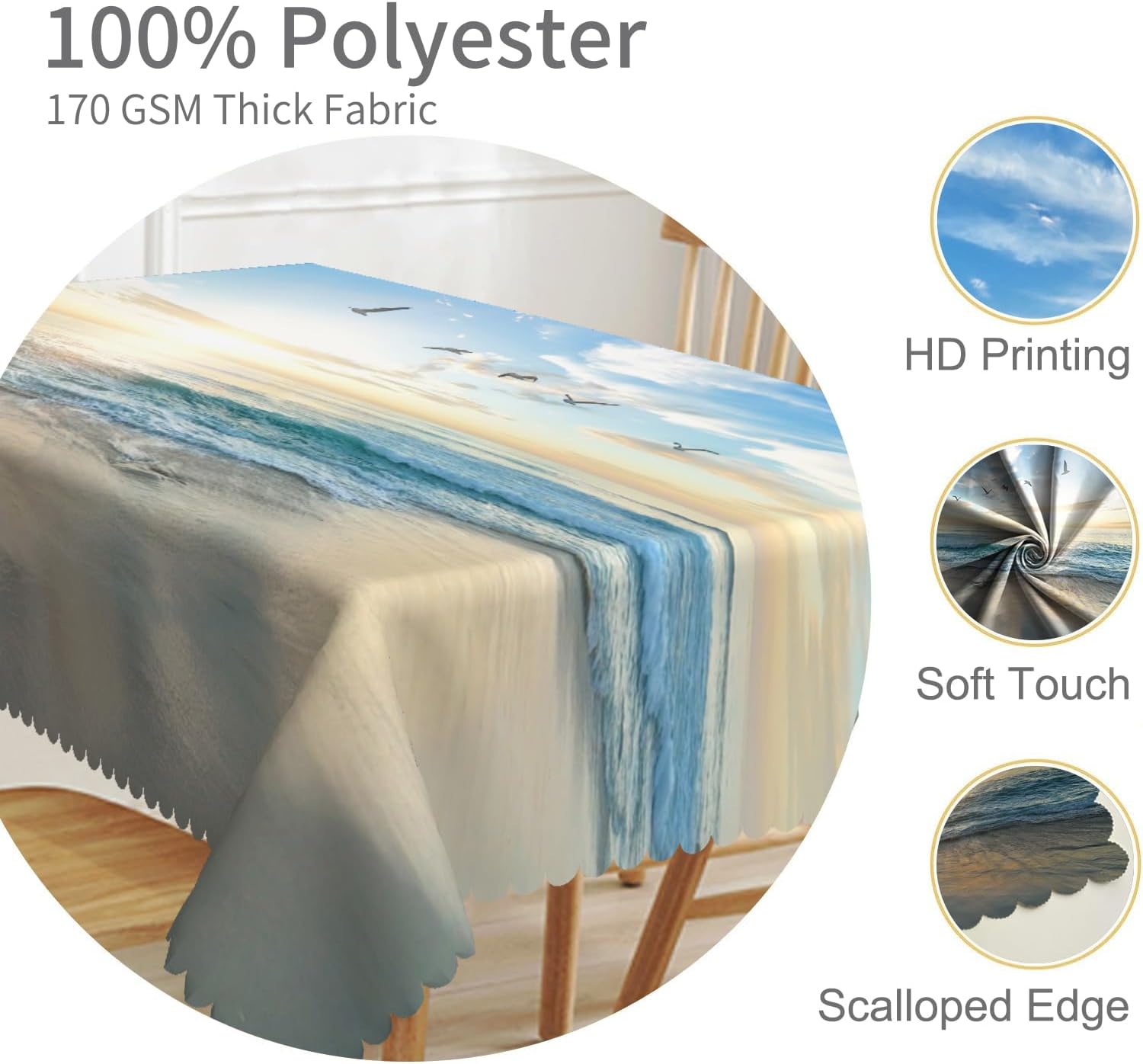 60x84inches Tropical Ocean Beach Tablecloth Blue Sky White Cloud Sea Waves Nature Scenic Table Cloth Waterproof and Stain Resistant Table Cover for Dining Room Kitchen Themed Party Decor