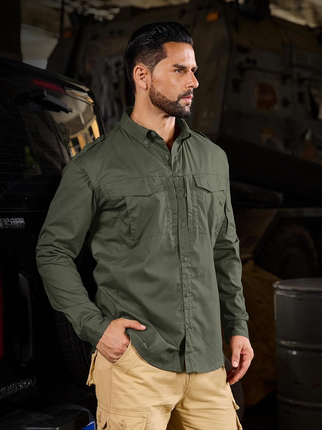 Mens Fishing Shirts Long Sleeve Button Up Ripstop Work Shirts with Zipper Pockets for Outdoor Safari Hiking Hunting - Image 2