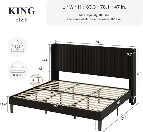 Miniatura 2 de Allewie Marco de cama de terciopelo tamaño King, cabecera capitonada con alas verticales, plataforma tapizada, listones de madera fuertes, no