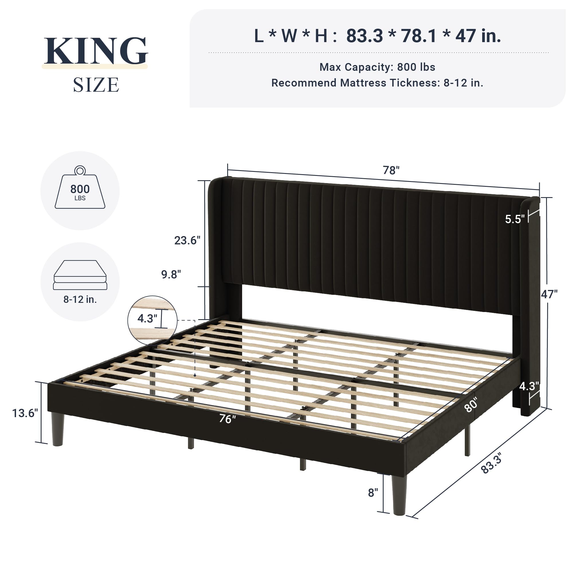 Condition photo showing New/Like New for king size velvet bed frame/vertical channel tufted wingback headboard/upholstered platform bed/strong wooden slats/no box spring needed/easy assembly/black